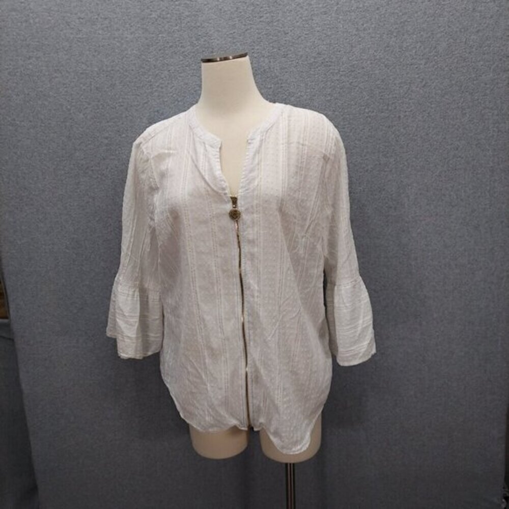 Anne Klein- White / Gold Striped Lightweight Top Zip Up Front- Size Large‎